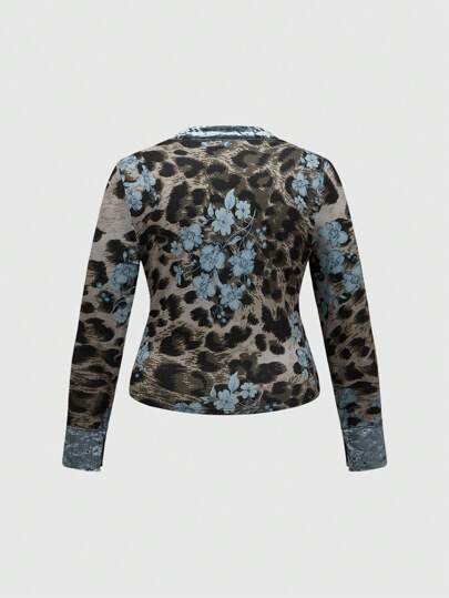 Fairycore Blusa con estampado de leopardo y flores en tono azul retro para mujer talla grande