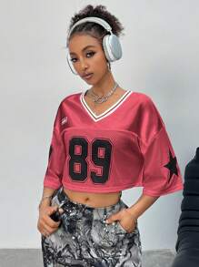 Coolane Women's Casual Streetwear Numer Print Cropped Loose Red T-Shirt