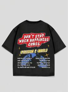 ROMWE MEN Street Life Men's Loose Raglan Cropped Length Graphic Tee, Vintage Street Style