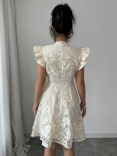 Airlisse Women's Elegant Stand Collar Lace Solid Cap Sleeve A-Line Mini Dress, Suitable For Date, Party, Garden, Valentine's Day, Holiday