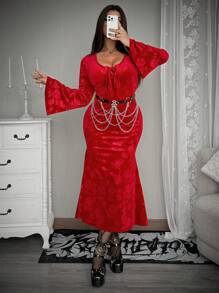 Flirla Plus Size Wasteland Romantic Lace Long Sleeve Dress,Valentine - Burgundy - View 4