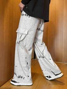 SHEIN Teen Boys' Oversized Casual Sweatpants With Graffiti Print & Pockets, Suitable For Streetwear, Party, Music Festival, Spring & Summer