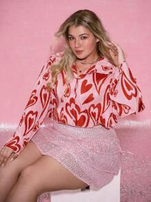 SHEIN EZwear Camicetta corta a cuori, adatta a taglie forti, per la Festa di San Valentino - Rosa - Visualizzare 4