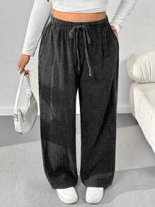 SHEIN EZwear 大码前系带口袋简约休闲宽松度假裤 - 彩色 - 查看 5