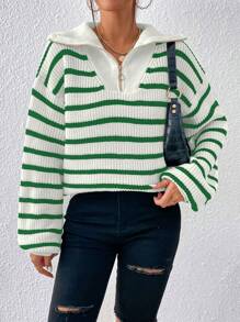 Flirla Women's Drop Shoulder Striped Long Sleeve Zip Placket Pullover Sweater, Autumn/Winter Knit Pullover Fall Outfit