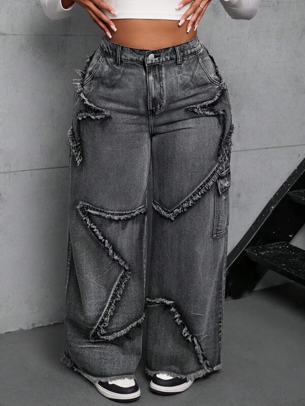 Dripcurv Jeans de pierna ancha estilo boyfriend con parches de estrellas para mujer de talla grande, jeans de estilo militar para mujer de vuelta al colegio para el 4 de julio