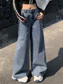 DAZY Women Front Button Pocket Simple Casual Bow Print Wide Leg Jeans Summer,Fall Clothes - Blue - View 2