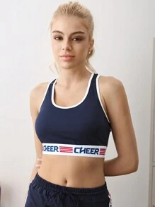 Cheerettes Women's Navy Patchwork School Style Letter Graphic Detail Minimalist Casual Sports Bra For Daily Wear & Training