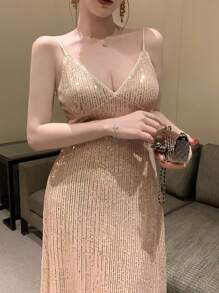 DAZY 女士V领开衩亮片中长吊带裙舞会礼服派对女士吊带裙返校节礼服奢华优雅女士连衣裙新年夜礼服闪亮连衣裙 - 杏色 - 查看 9