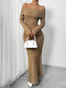 TrendSteals 优雅性感露肩上衣和美人鱼下摆短裙 2 件套，适合女士工作 - 駝色 - 查看 4