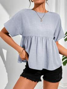 SHEIN Essnce Women's Plain Scoop Neck Batwing Sleeve Pleated Casual Blouse