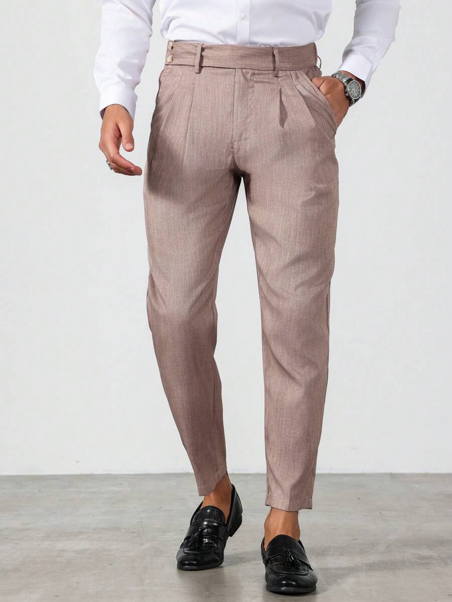 Calvornis Men's Solid Color Casual Suit Pants, Simple & Fashionable For Everyday Wear - Brown - View 1