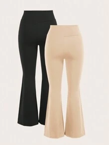 SHEIN EZwear Women's Casual Solid Color Flared Legging Set - Apricot - View 2