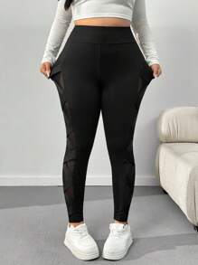 SHEIN EZwear Plus Size Women Mesh Patchwork Slim Fit Leggings, Casual Everyday Wear