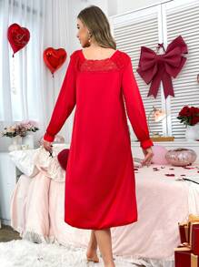 Camisón casual de mujer con cuello redondo, parches de encaje y decoración de lazo en las mangas largas