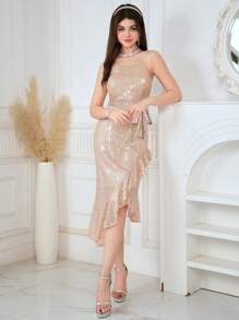 SHEIN Váy suông đính sequin viền bèo nhún bất đối xứng dành cho bé gái tuổi teen, thích hợp cho vũ hội, tiệc sinh nhật, đám cưới, biểu diễn, Giáng sinh - Rượu sâm banh - Xem 3