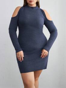 SHEIN Cottnline Plus Turtleneck Cold Shoulder Bodycon Dress - Dark Grey - View 5