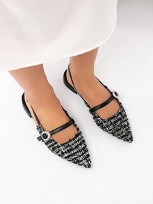 CUCCOO CHICEST 女士秋冬新款水钻扣尖头平底鞋，优雅通勤百搭经典复古黑白撞色羊毛穆勒鞋，适合下午茶、约会、职场、圣诞节、感恩节、新年 - 黑色 - 查看 6