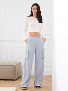 Mainfolk 男女通用编织休闲中腰拉链阔腿裤，带多个口袋 - 淺藍色 - 查看 4