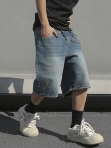 Manfinity Roghcode Plus Size Men's Front Button Pocket Simple Casual Denim Shorts - Light Wash - View 3