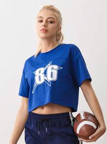 SHEIN Sports Camiseta deportiva casual de mujer con cuello redondo y manga corta, con estampado minimalista de números, para uso escolar y diario - Azul y blanco - Ver 5