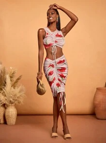 HEAVINZ LANE 设计师波西米亚风粉色春夏大花卉印花荷叶边抽绳紧身裙，适合度假、节日、伊比沙岛 - 灰色 - 查看 1