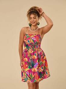 Travachic 大碼熱帶圖案後背繫帶吊帶連衣裙 - 彩色 - 查看 2