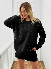SHEIN Cottnline Stylish Metallic Pearl Embellished Brushed Back Sweatshirt In Black - Black - View 3