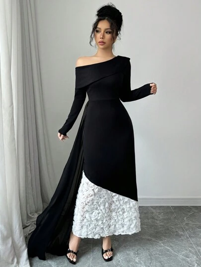 Lyxana 女士不对称领口披肩领紧身美人鱼连衣裙