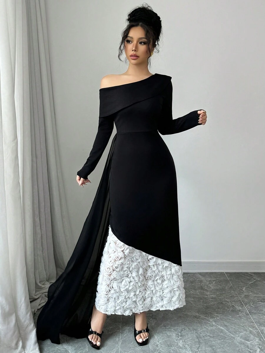 Lyxana 女士不对称领口披肩领紧身美人鱼连衣裙 - 黑與白 - 查看 1