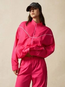 VARSITIE 亮粉色宽松休闲拉链长袖女士户外夹克 - 玫紅色 - 查看 7