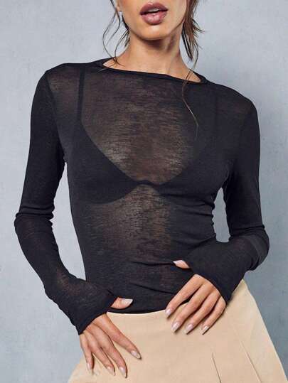 Y2K Stretchy See-Through Long Sleeve Round Neck Slim Fit T-Shirt Going Out Tops