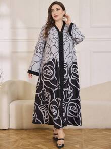 Al Najma Elegant Floral Plus Size Arabic Style Dress - Black - View 4