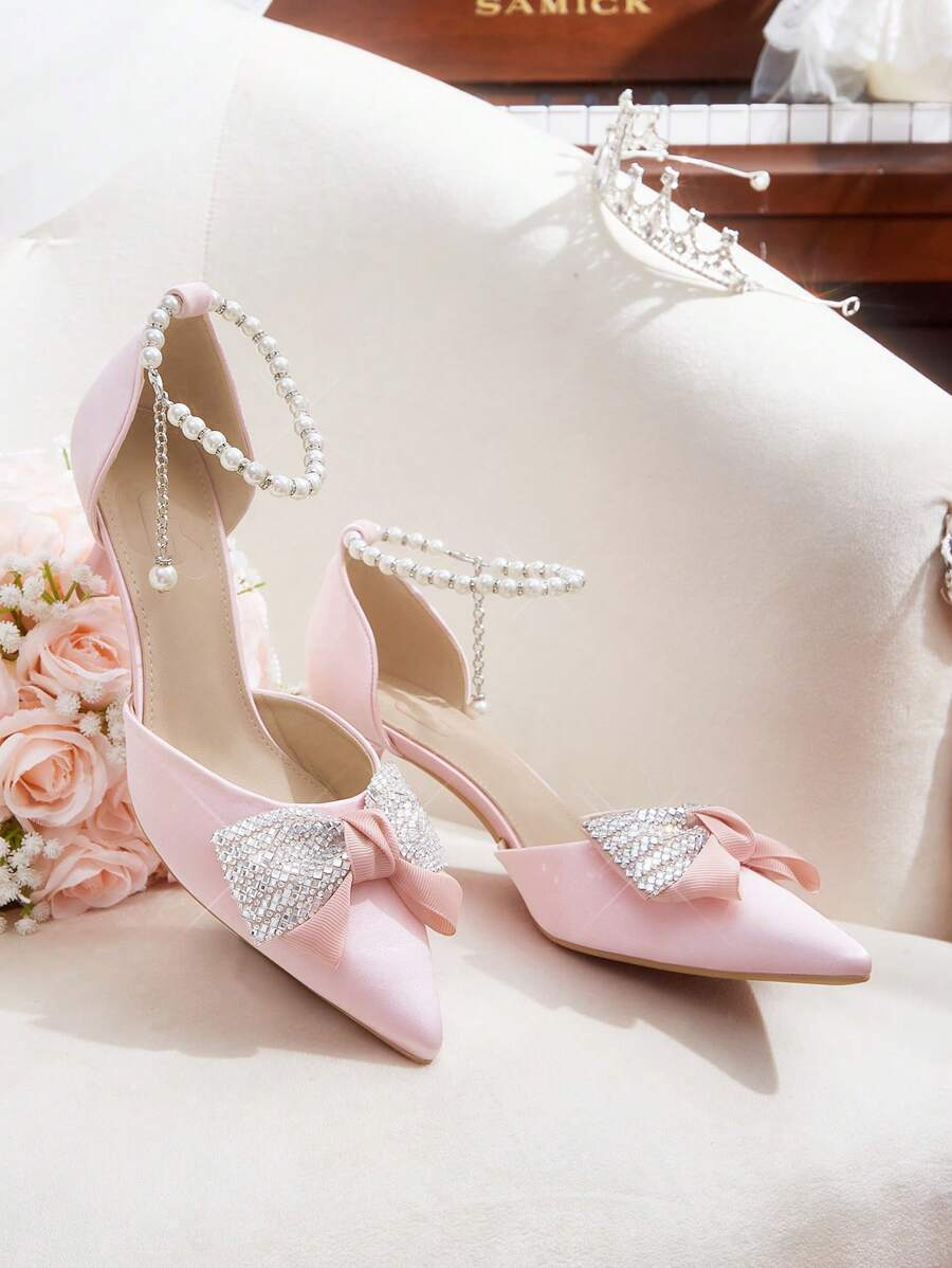 CUCCOO HITCHD Women's Pointed Toe Rhinestone Bow High Heel Pumps Valentine's Day - Pink - View 1