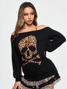 ROMWE J-Fashion Y2K Shibuya Gyaru Cropped Asymmetrical Neck Tee With Leopard Print And Skeleton Embroidery For Women - Black - View 2