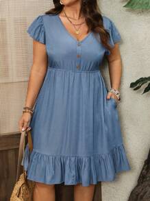 EMERY ROSE Plus Size Women V-neck Falbaniaste rękawy Guziki Dekoracja Boho Sukienka Wiosenne Stroje Dla Kobiet Letnie Stroje Dla Kobiet