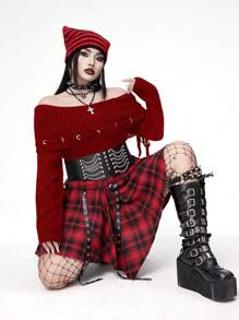 Flirla Plus Size Dark Punk Goth Style Black Metal Accent Lace-Up Off Shoulder Tight Knit Pullover Sweater Knit Pullover Fall Winter Sweater - Red - View 3