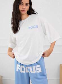 Manfinity VCAY 2 件套休闲字母图案印花针织宽松落肩圆领短袖 T 恤和高腰抽绳裤套装