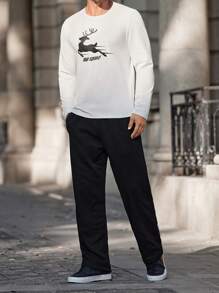 Manfinity Homme Men's Simple & Fashionable Casual Long Sleeve T-Shirt, Everyday Wear