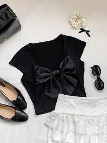 Comfortcana Women's Elegant Solid Color Bow Decor Cropped T-Shirt - Black - View 4