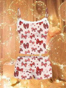 SHEIN EZwear Bộ 2 áo ba lỗ ren họa tiết bướm cổ điển và quần short nhún bèo dành cho nữ, trang phục thường ngày mùa hè - Nhiều màu - Xem 3