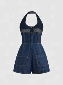 SHEIN MOD Plus Size Solid Color Simple Casual Halter  Denim Jumpsuit Women,Dark Blue Casual Halterneck Single-Breasted Fitted Denim Jumpsuit,Jumpsuits For Women Summer,Beach Outfits For Woman,Country Concert Outfit,Going Out Jumpsuits,Hawaii Outfits Women,Brunch Outfits For Women,Tea Party Jumpsuits