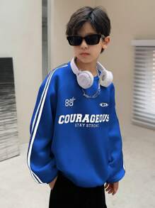 SHEIN Moletom de malha casual estilo coreano com estampa de letras fofas e detalhes de patch, gola redonda e manga comprida para meninos pré-adolescentes