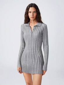 LYSMO Women Casual Solid Color Polo Collar Long Sleeve Fitted Knit Sweater Dress