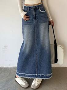 DAZY 女式休闲水洗磨边下摆长款牛仔裙牛仔裙