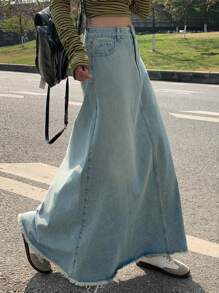 DAZY Women's Pocket Fringed Hem Long Casual Denim Skirt Jeans Skirt - Blue - View 8