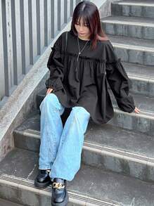 FRIFUL Women's Solid Color Round Neck Long Sleeve Frill Hem Loose T-Shirt, Autumn,Fall Women Clothes - Black - View 2