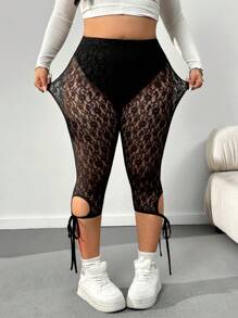 CovetEZ Plus Size Black Lace Cropped Leggings, Minimalist Fashion Casual Everyday Wear - Black - View 3