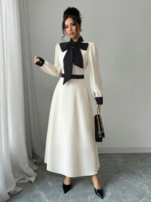 SHEIN Frenchy فستان طويل كاجوال قتامة صامتة مُلحمة بالدانتيل طويل الأكمام قصبة القزم، فستان طويل ذو رقبة ملثمة وأشرطة لطراز عربي، إطلالة المرأة