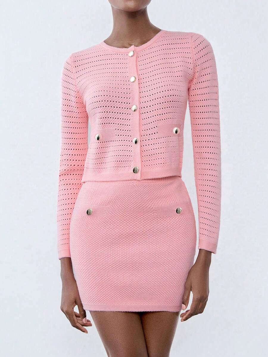 Chiquease Pink Perforated Loose Cardigan & Mini Skirt 2pcs Suit - Pink - View 1